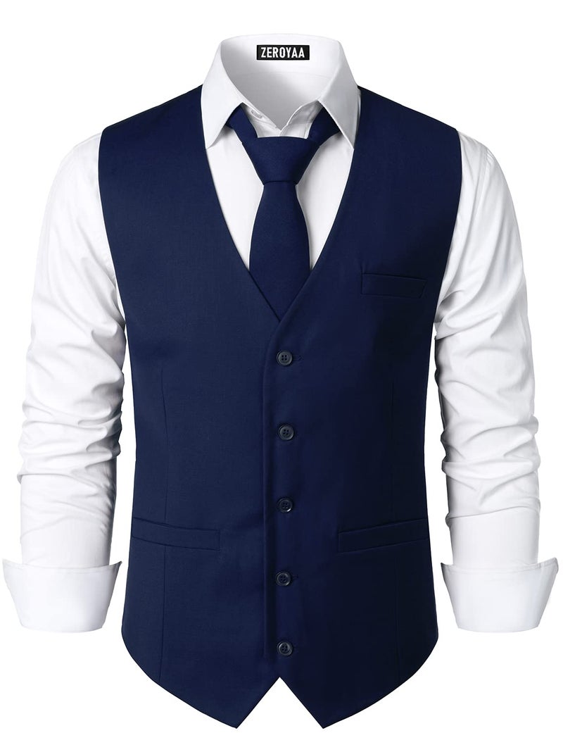ZEROYAA Men's Hipster Urban Design 3 Pockets Business Formal Dress Vest for Suit Tuxedo ZLSV16 Navy X-Large - Image 1